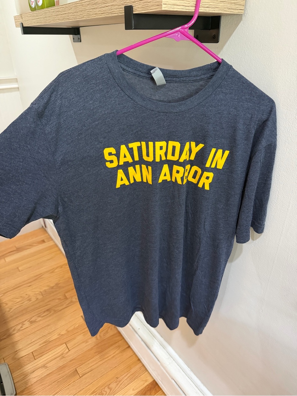 Saturday In Ann Arbor Navy Tee with Yellow Print. Michigan Wolverines.